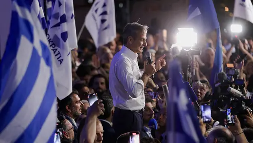 Prime Minister  Kyriakos Mitsotakis speaks to supporters outside the conservative party's headquarters, after the general election, in Greece.